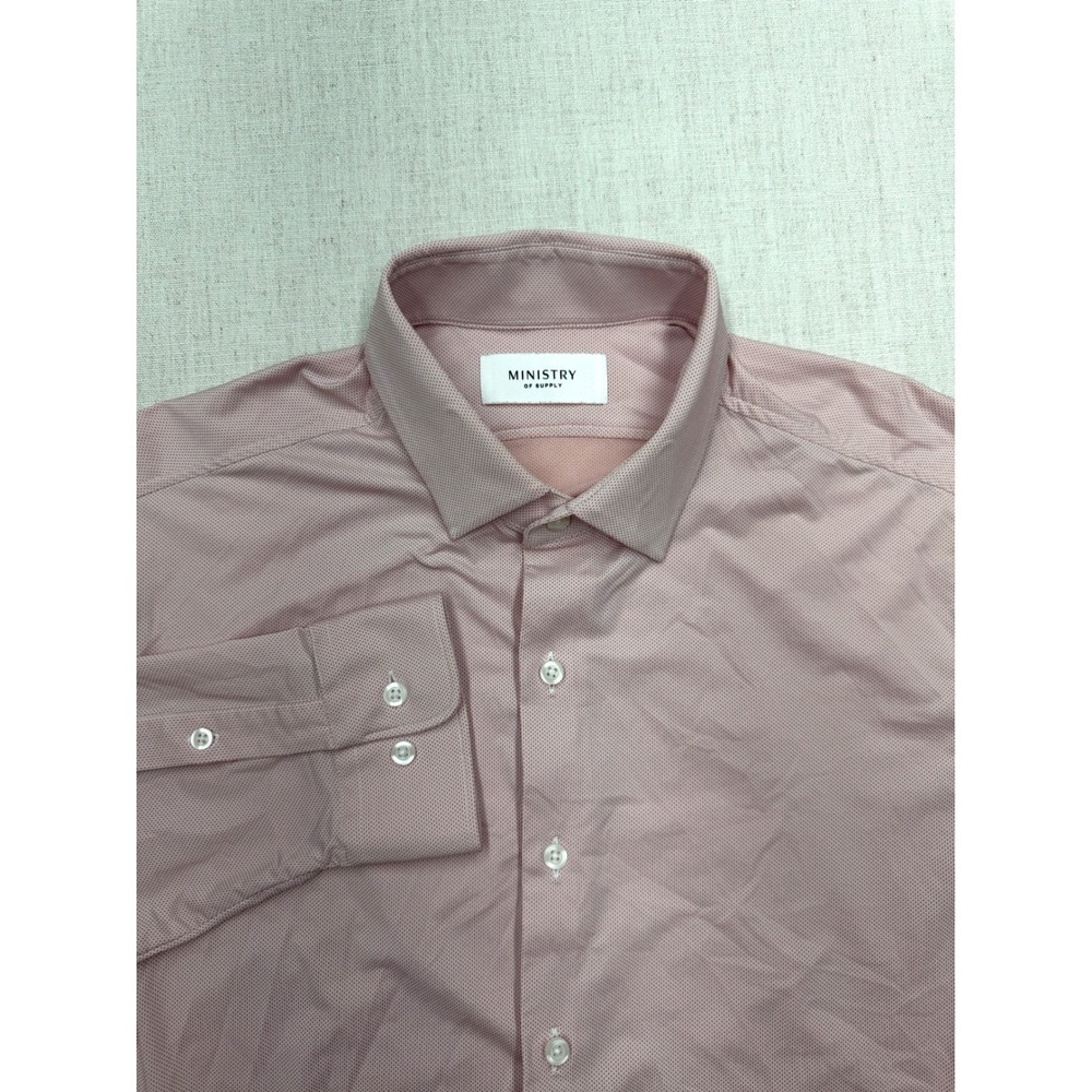 Ministry of Supply Apollo Dress Shirt Mens L Pink Micro Dot Long Sleeve Stretch